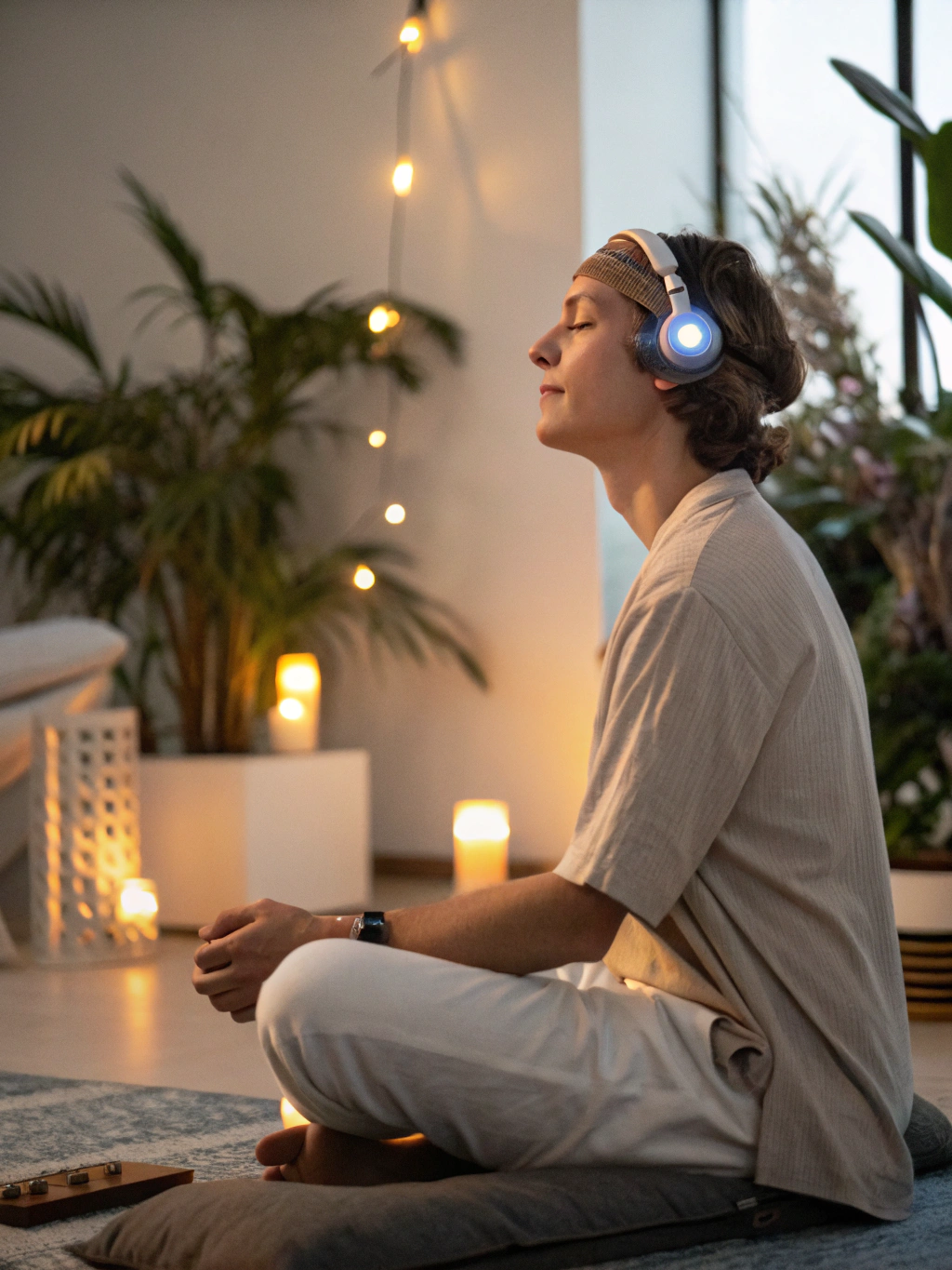 Personne utilisant le casque BrainTap pour la régulation du système nerveux