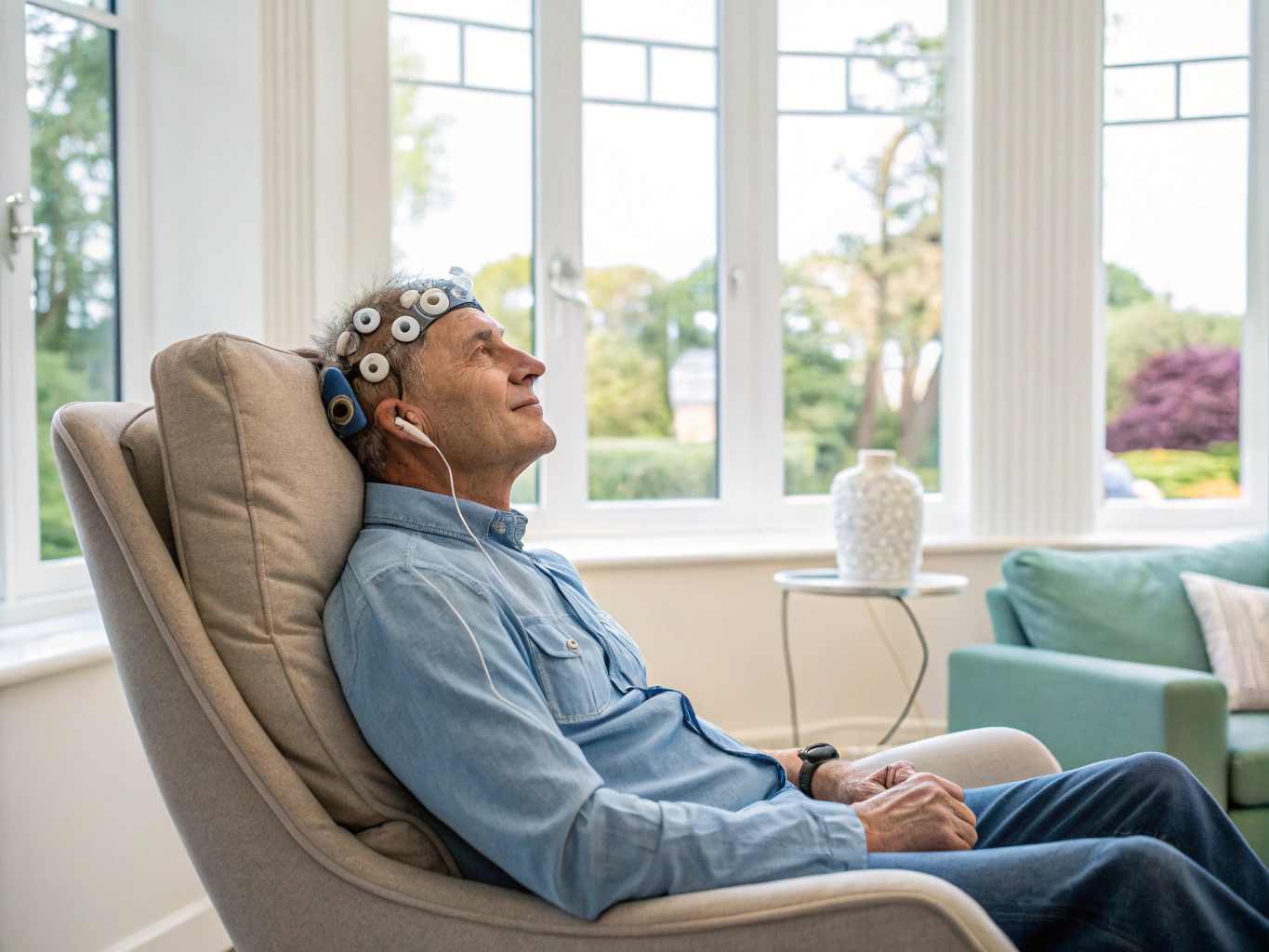 Patient using BrainTap technology for stress regulation