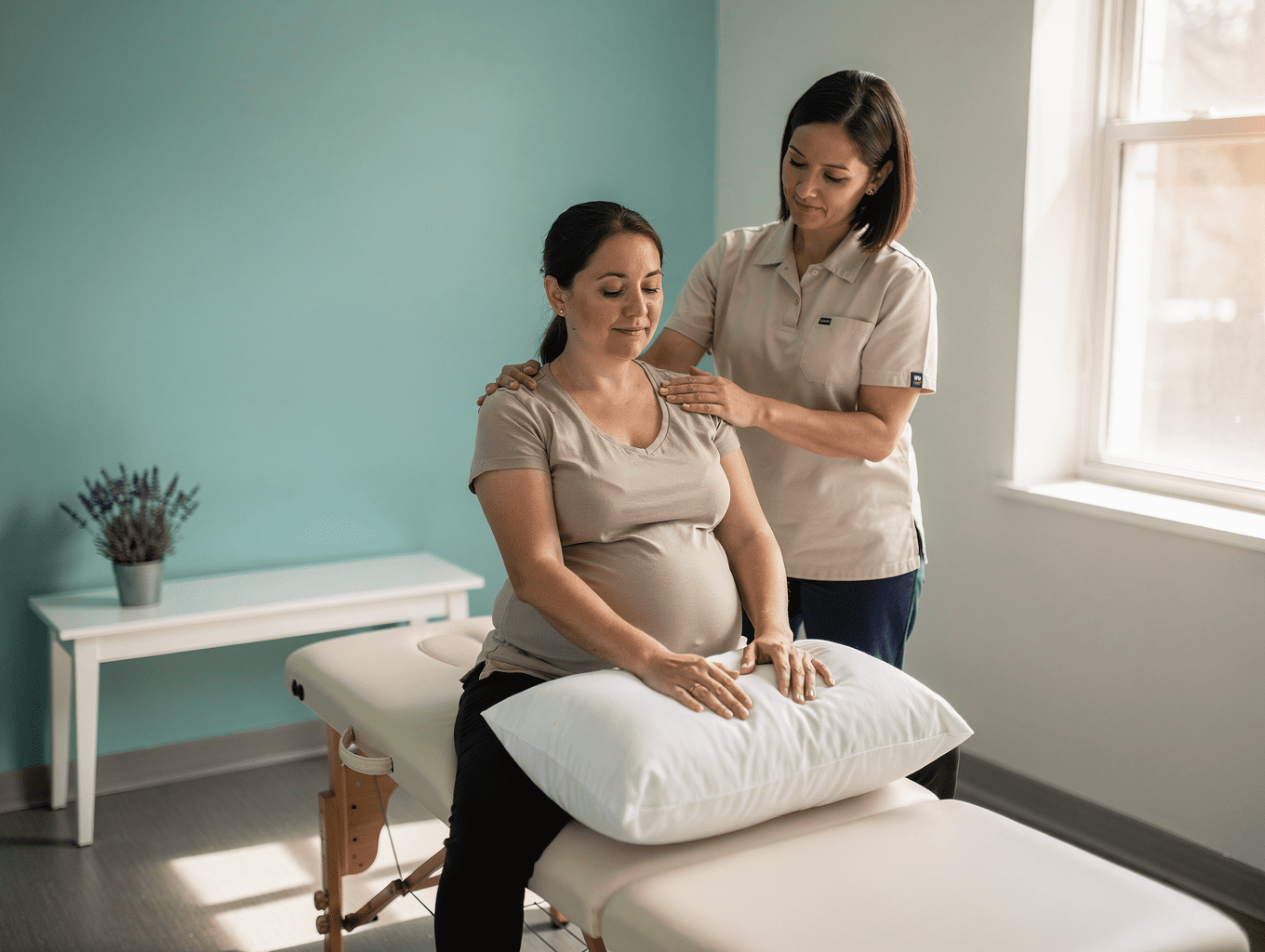 Femme enceinte sereine recevant des soins chiropratiques spécialisés