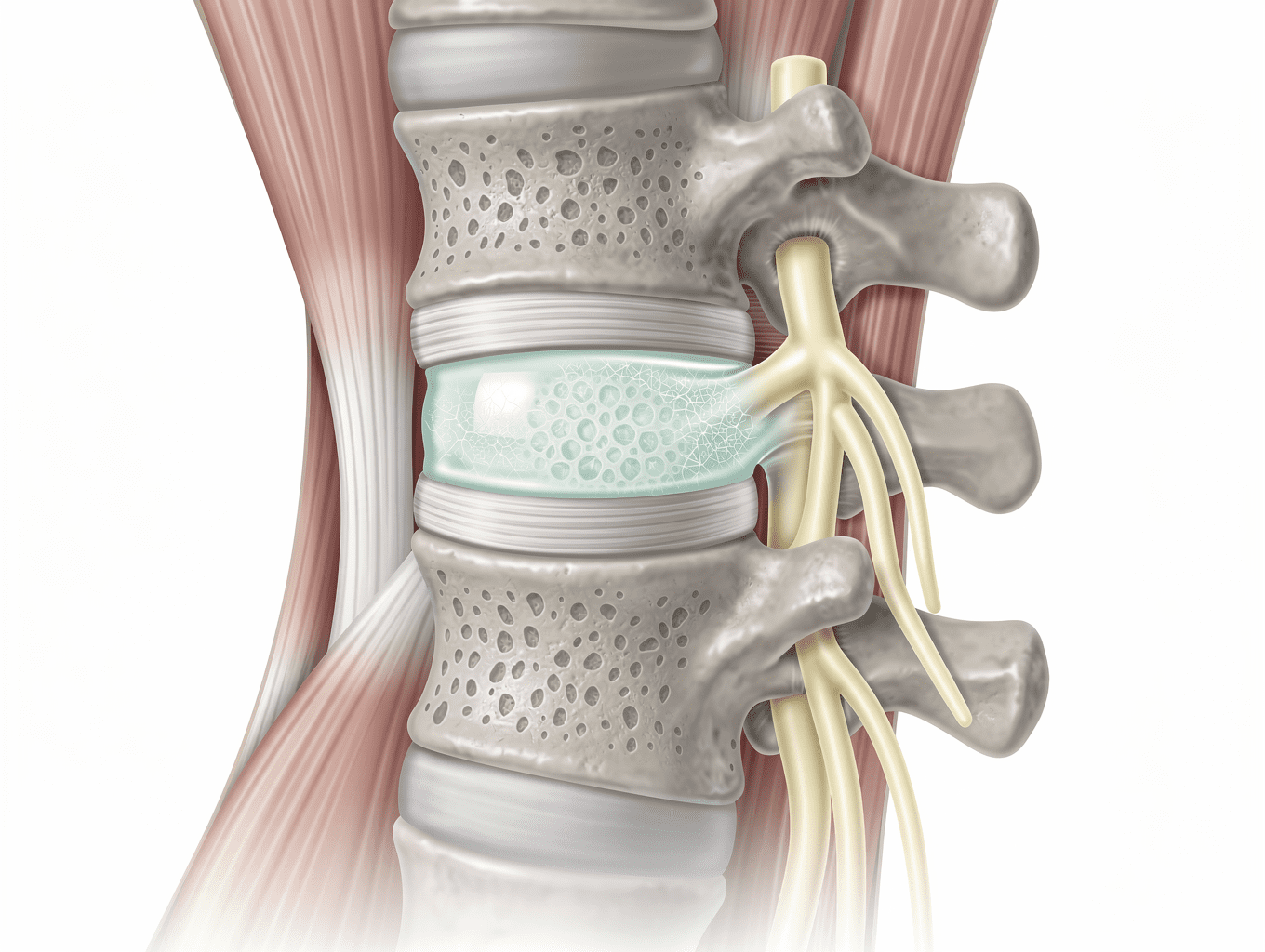 Detailed anatomical view of spinal disc healing and nervous system support
