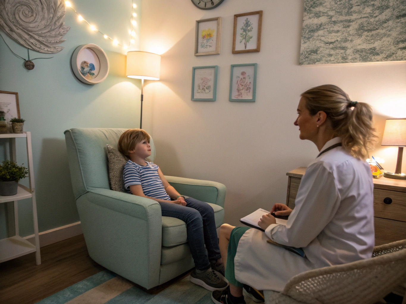 A child relaxing on a specialized sound therapy bed in a calming clinical environment