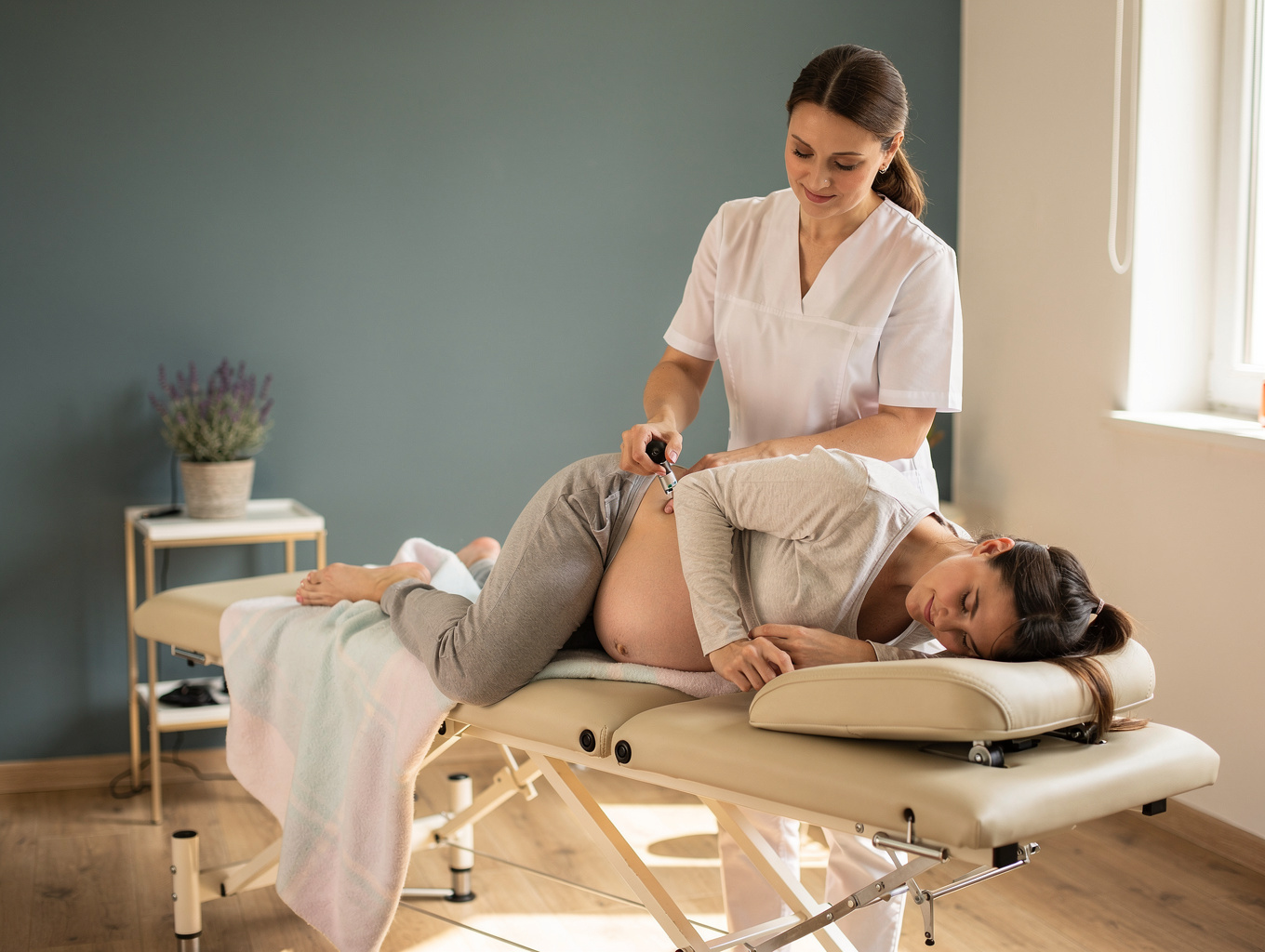 Pregnant woman receiving specialized chiropractic care