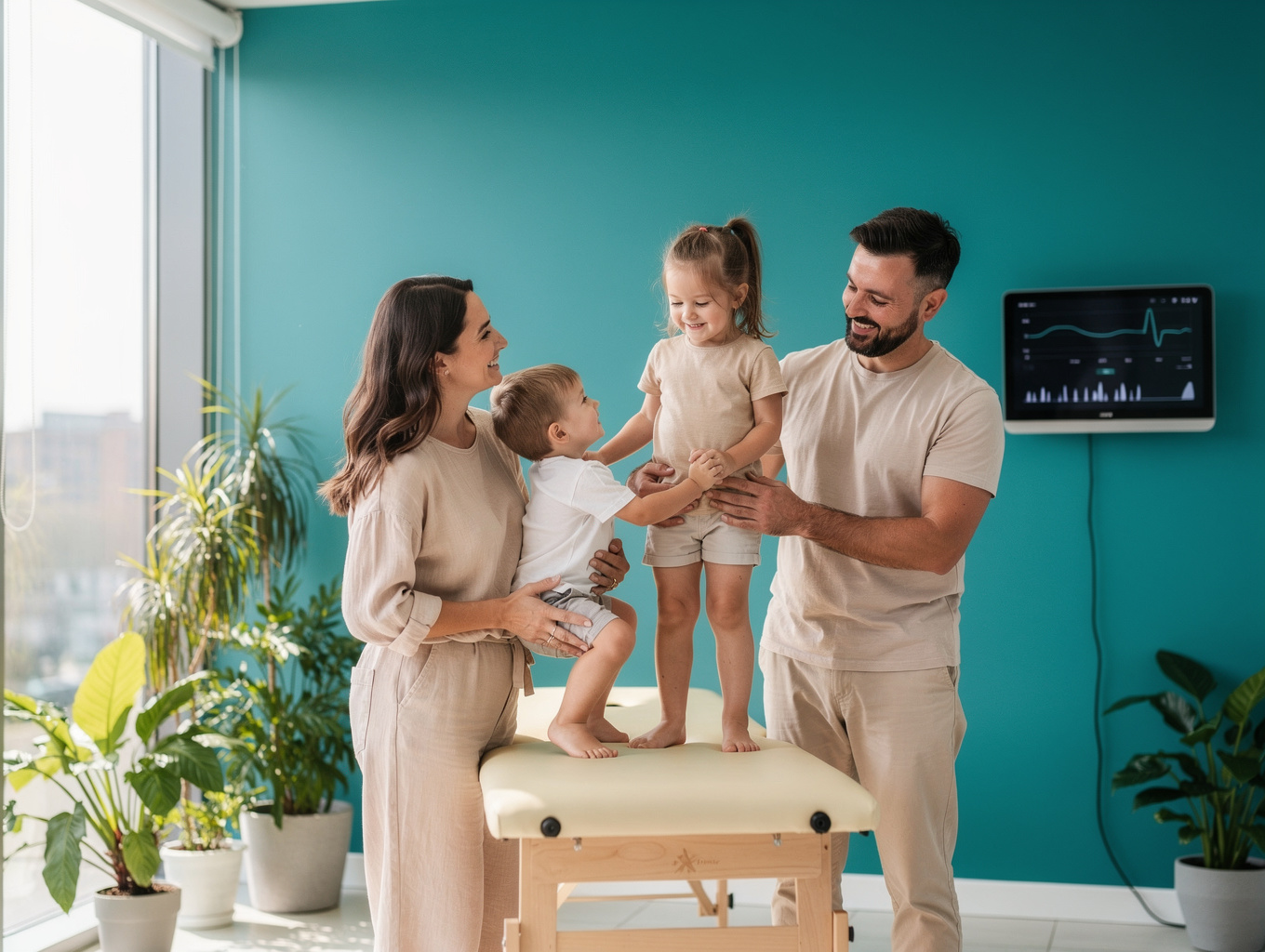 Family relaxing together in a modern wellness space