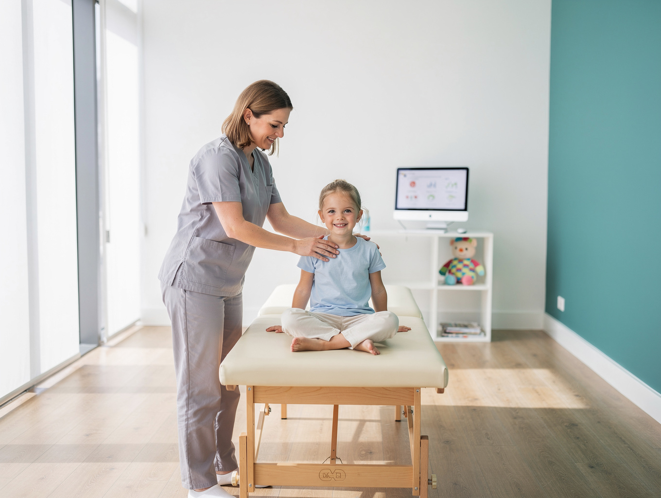 Chiropractor adjusting a child in a calm office
