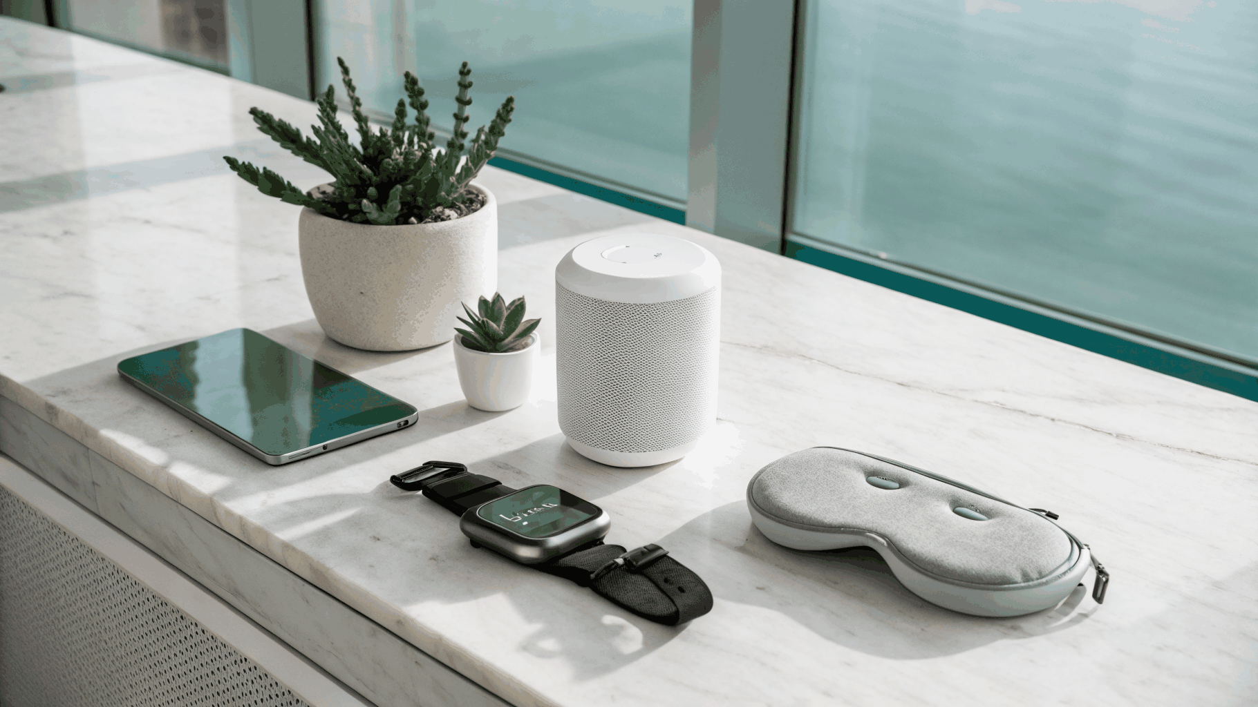 Handheld vibration tool placed gently on a wooden surface in a calming space