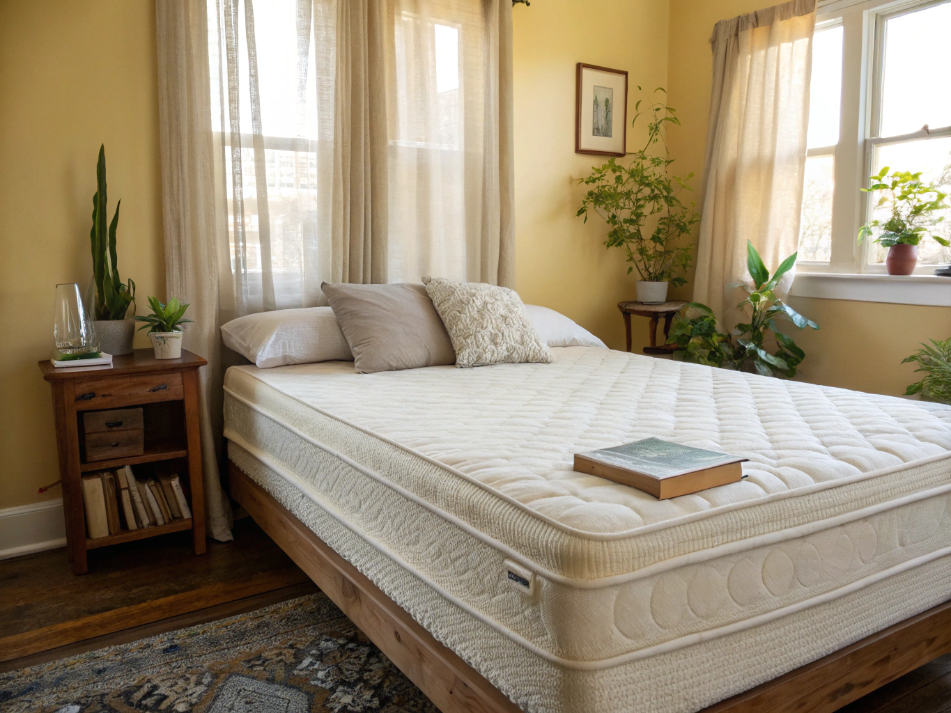 Serene bedroom with restorative natural mattress and bedding